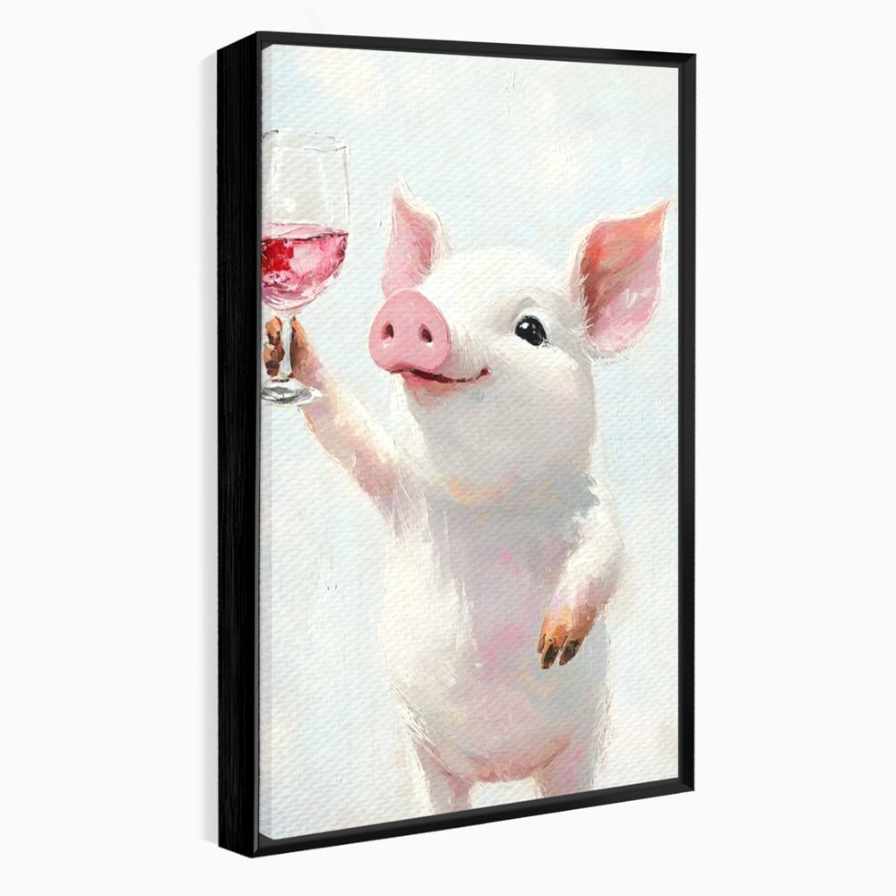 Tablou canvas cu tablou canvas cu purcelus si pahar de vin, in rama de aluminiu negru